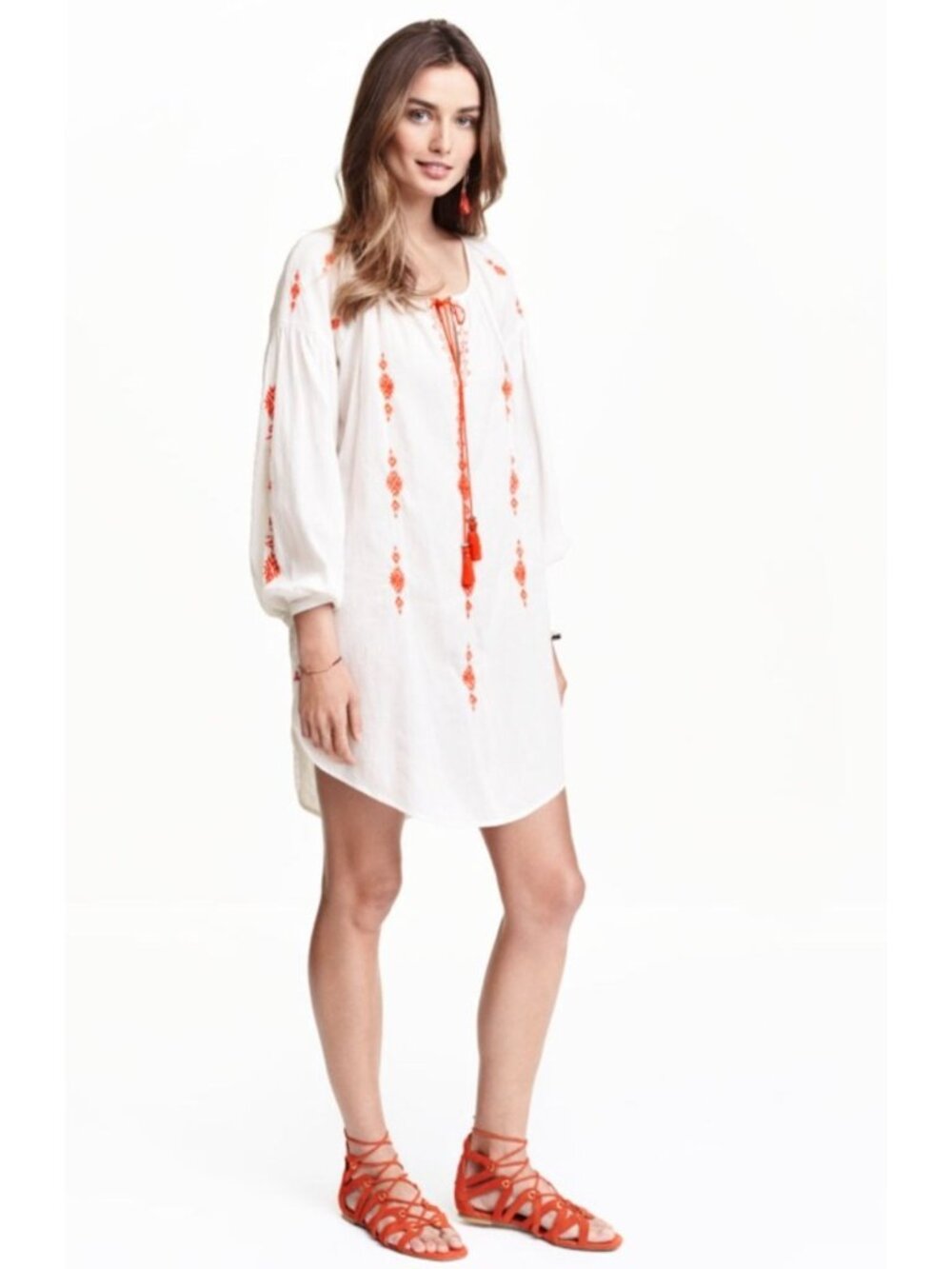 H&M White Orange Embroidered Tassel Tie Semi-Sheer Tunic Dress Size 4 High-Low
